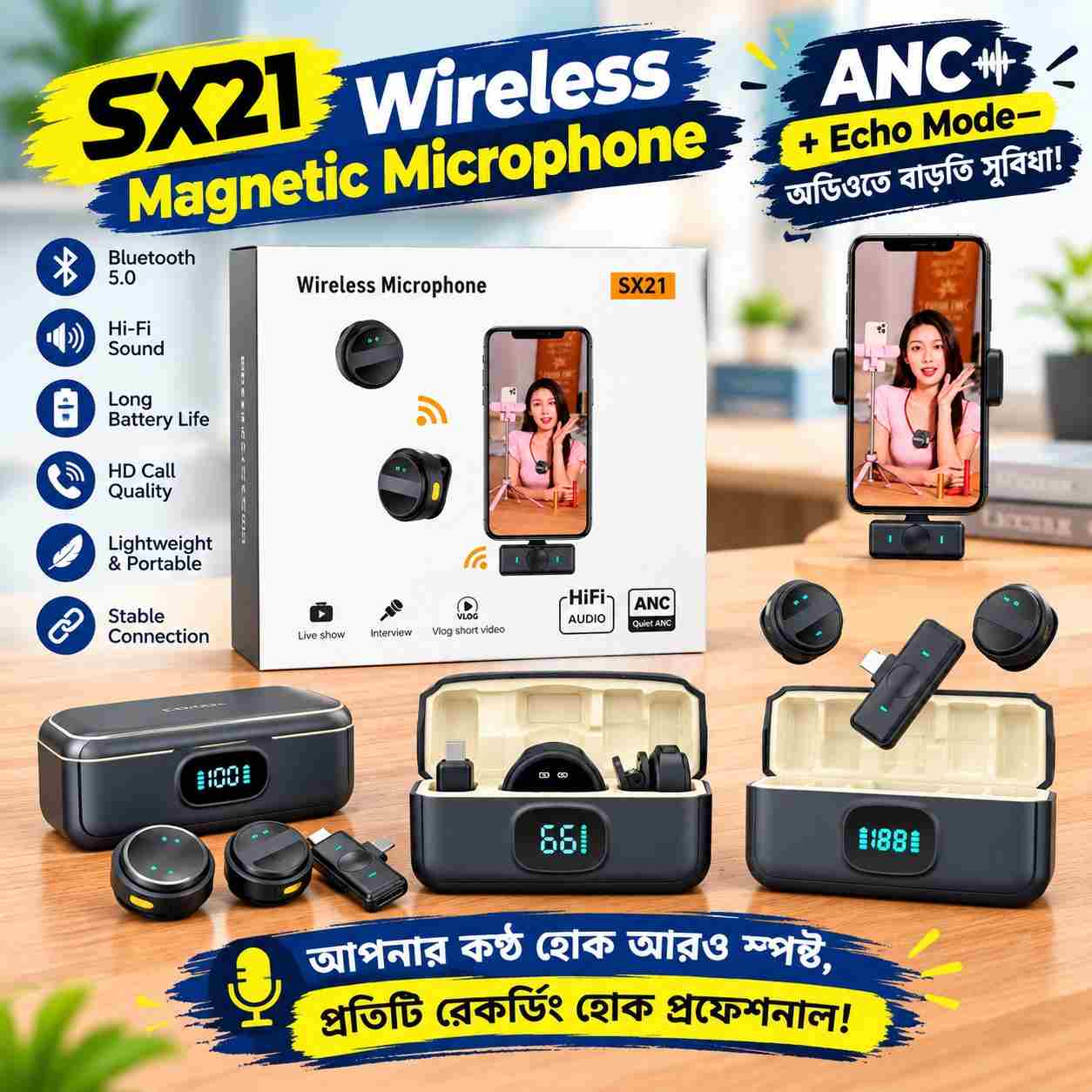 SX21 Wireless Magnetic Microphone With ANC Regular and Echo Mode